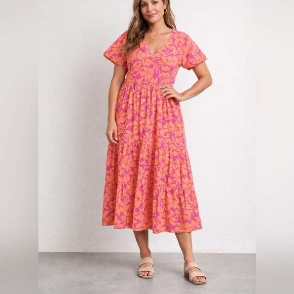 J. Crew Dresses & Skirts - JCrew Pink Orange Tropical Floral Tiered Midi Boho V-Neck Vacation Dress Size 8